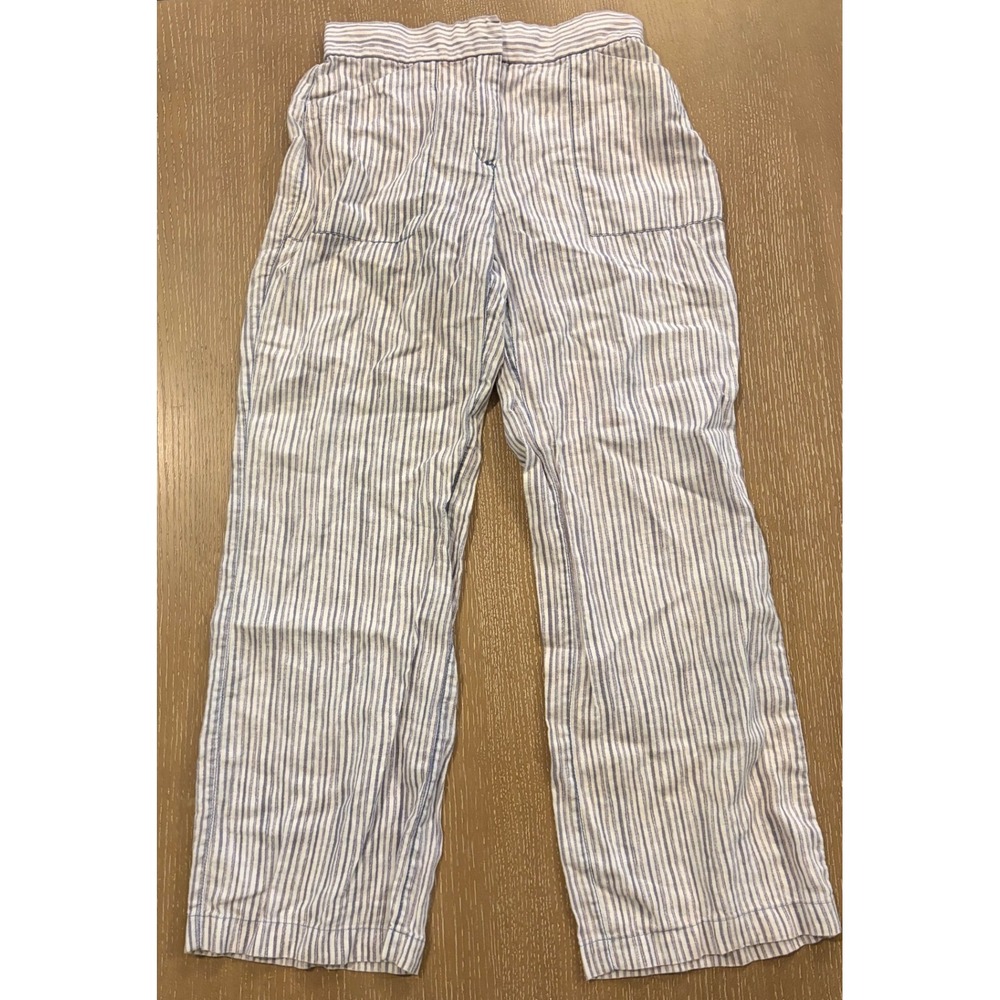 Chicos Blue White Striped Linen Pants Size 00 Regular Straight Leg Elastic Waist